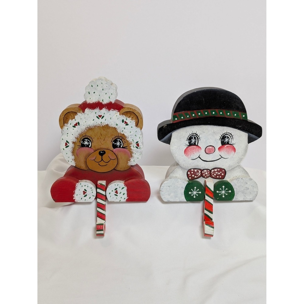 Vintage 2pc Hand Painted Wood Christmas Stocking Hangers Bear Snowman